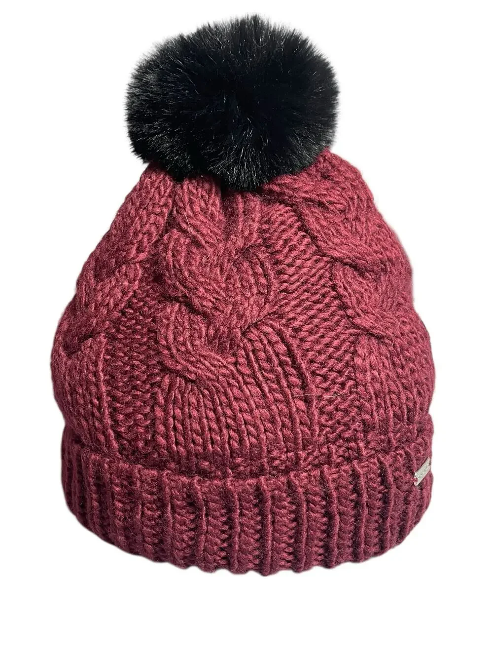 Steve Madden Women's Red Black Cable Knit Cuffed Winter Pom Pom Beanie Hat OS